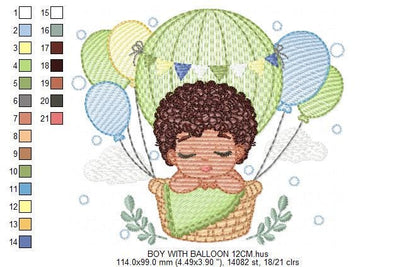 Sleeping Baby Boy with Balloons embroidery designs - Boy with black curly hair machine embroidery pattern - Birth Chart - Instant download