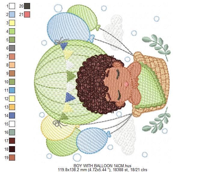 Sleeping Baby Boy with Balloons embroidery designs - Boy with black curly hair machine embroidery pattern - Birth Chart - Instant download