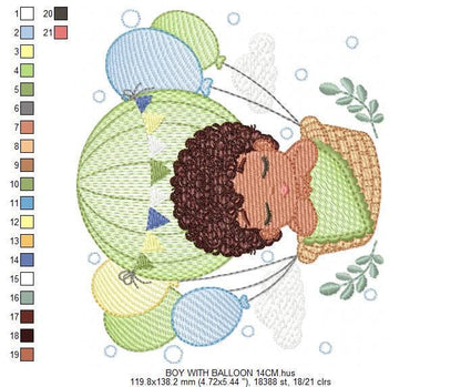 Sleeping Baby Boy with Balloons embroidery designs - Boy with black curly hair machine embroidery pattern - Birth Chart - Instant download