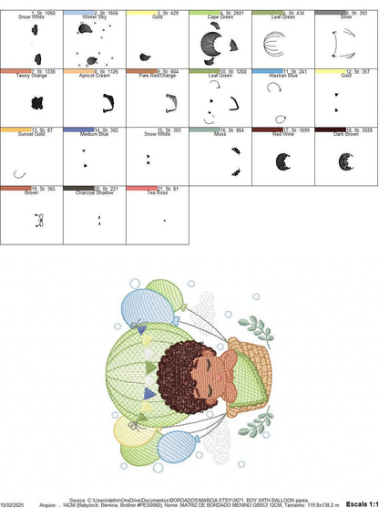Sleeping Baby Boy with Balloons embroidery designs - Boy with black curly hair machine embroidery pattern - Birth Chart - Instant download