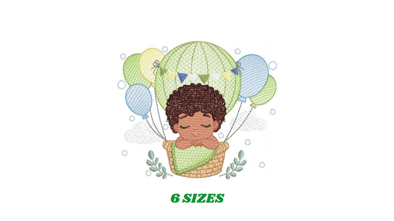Sleeping Baby Boy with Balloons embroidery designs - Boy with black curly hair machine embroidery pattern - Birth Chart - Instant download