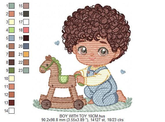 Boy with toy horse embroidery designs - Baby Boy with black curly hair machine embroidery pattern - Kid playing with toys - instant download