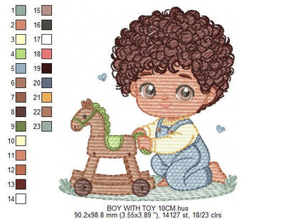 Boy with toy horse embroidery designs - Baby Boy with black curly hair machine embroidery pattern - Kid playing with toys - instant download