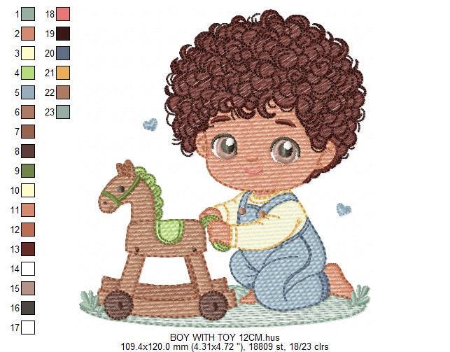 Boy with toy horse embroidery designs - Baby Boy with black curly hair machine embroidery pattern - Kid playing with toys - instant download