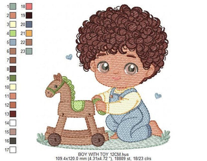 Boy with toy horse embroidery designs - Baby Boy with black curly hair machine embroidery pattern - Kid playing with toys - instant download