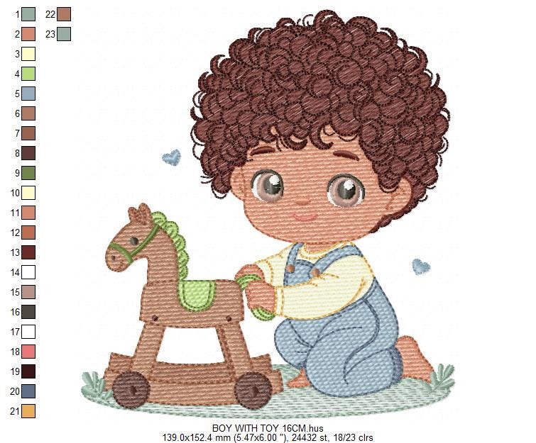 Boy with toy horse embroidery designs - Baby Boy with black curly hair machine embroidery pattern - Kid playing with toys - instant download