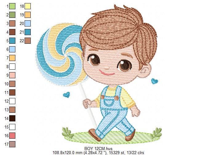 Baby boy embroidery design - Boy with lollipop machine embroidery pattern - Kid with overall embroidery file - Instant download pes jef dst