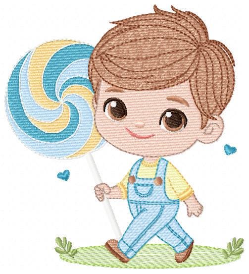 Baby boy embroidery design - Boy with lollipop machine embroidery pattern - Kid with overall embroidery file - Instant download pes jef dst