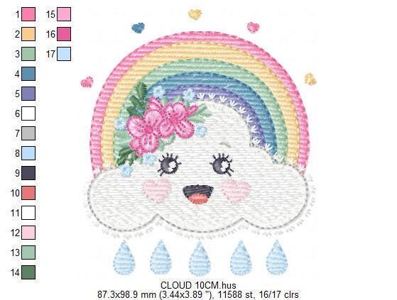 Raining Cloud embroidery design - Colorful Rainbow machine embroidery pattern - Cloud with happy face - Instant digital download pes jef dst