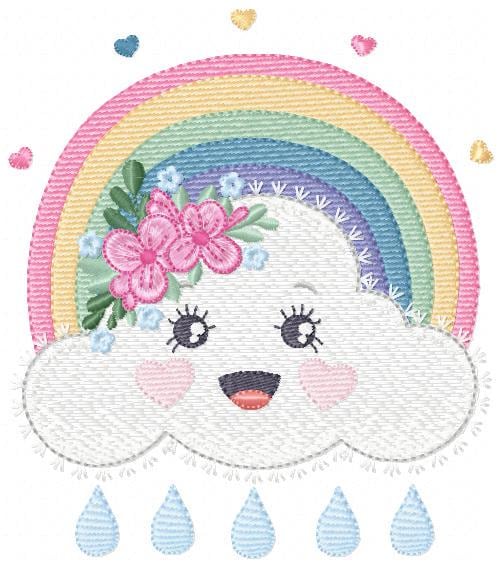 Raining Cloud embroidery design - Colorful Rainbow machine embroidery pattern - Cloud with happy face - Instant digital download pes jef dst