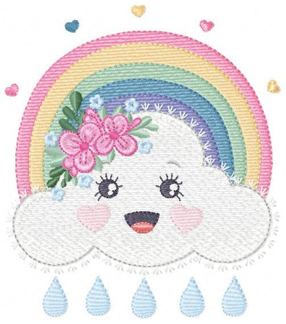 Raining Cloud embroidery design - Colorful Rainbow machine embroidery pattern - Cloud with happy face - Instant digital download pes jef dst