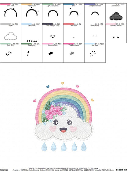 Raining Cloud embroidery design - Colorful Rainbow machine embroidery pattern - Cloud with happy face - Instant digital download pes jef dst