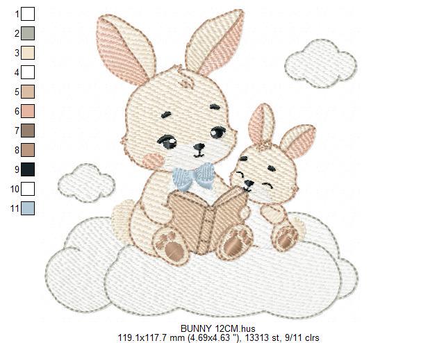 Bunny reading embroidery design - Rabbit with cub machine embroidery pattern - Baby boy reading a book file - Instant download pes jef hus