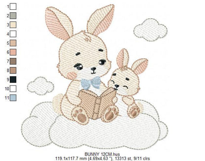 Bunny reading embroidery design - Rabbit with cub machine embroidery pattern - Baby boy reading a book file - Instant download pes jef hus