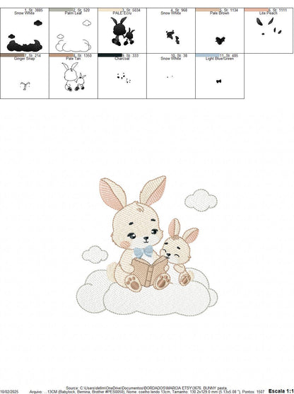 Bunny reading embroidery design - Rabbit with cub machine embroidery pattern - Baby boy reading a book file - Instant download pes jef hus
