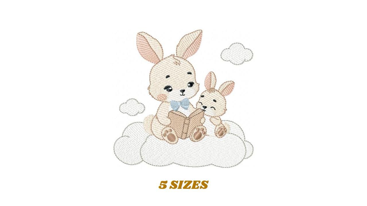 Bunny reading embroidery design - Rabbit with cub machine embroidery pattern - Baby boy reading a book file - Instant download pes jef hus