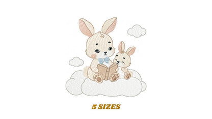 Bunny reading embroidery design - Rabbit with cub machine embroidery pattern - Baby boy reading a book file - Instant download pes jef hus