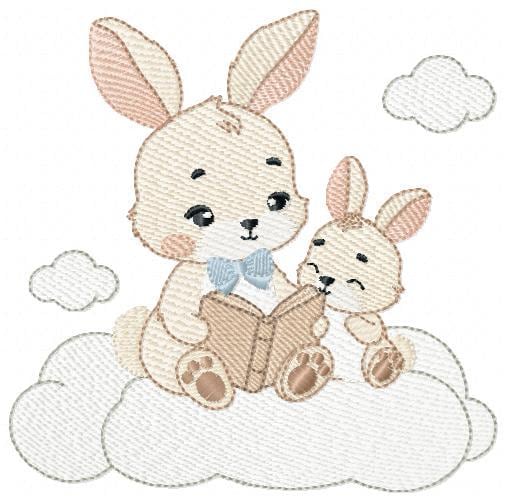 Bunny reading embroidery design - Rabbit with cub machine embroidery pattern - Baby boy reading a book file - Instant download pes jef hus