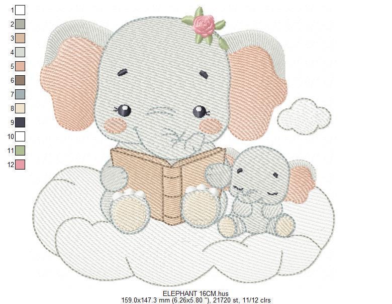Elephant reading in a cloud embroidery designs - Safari Wild Female Animal machine embroidery pattern - Baby Girl file - Instant download