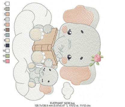 Elephant reading in a cloud embroidery designs - Safari Wild Female Animal machine embroidery pattern - Baby Girl file - Instant download