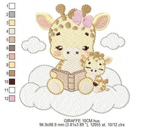 Giraffe reading book in cloud embroidery design - Female Wild Animal machine embroidery pattern - Baby girl file - Instant download pes jef