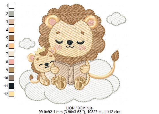 Lion reading embroidery designs - Safari wild animal with cub machine embroidery pattern - Baby boy reading file - Instant download pes jef