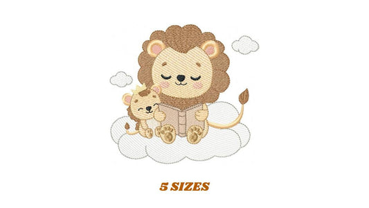 Lion reading embroidery designs - Safari wild animal with cub machine embroidery pattern - Baby boy reading file - Instant download pes jef