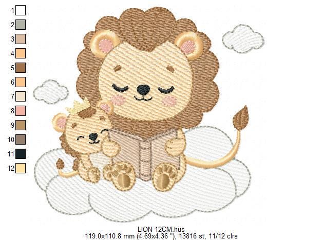Lion reading embroidery designs - Safari wild animal with cub machine embroidery pattern - Baby boy reading file - Instant download pes jef