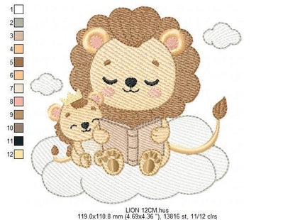 Lion reading embroidery designs - Safari wild animal with cub machine embroidery pattern - Baby boy reading file - Instant download pes jef