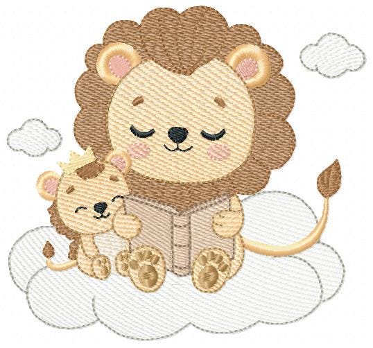Lion reading embroidery designs - Safari wild animal with cub machine embroidery pattern - Baby boy reading file - Instant download pes jef