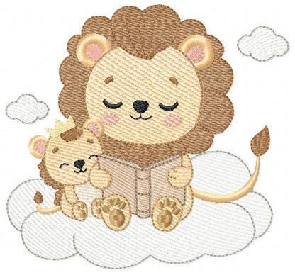 Lion reading embroidery designs - Safari wild animal with cub machine embroidery pattern - Baby boy reading file - Instant download pes jef