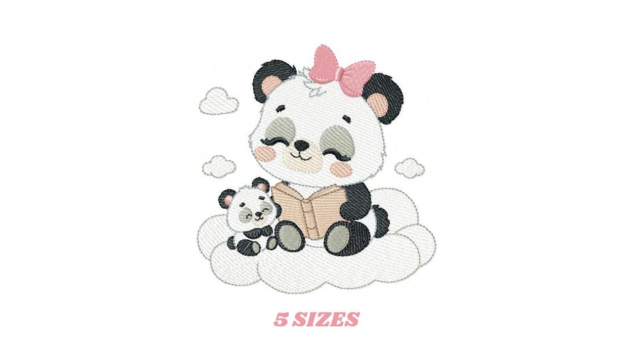 Mama Panda reading a book with baby girl embroidery design - Female Animal machine embroidery pattern - Instant download pes jef dst hus vp3