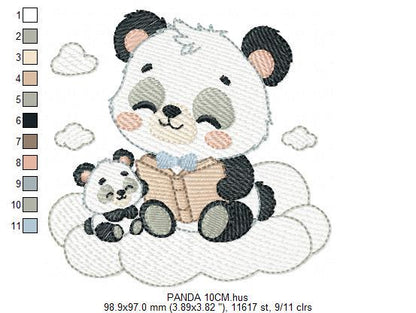 Panda reading embroidery design - Animal with cub machine embroidery pattern - Baby boy reading a book file - Instant download pes jef dst