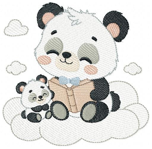 Panda reading embroidery design - Animal with cub machine embroidery pattern - Baby boy reading a book file - Instant download pes jef dst