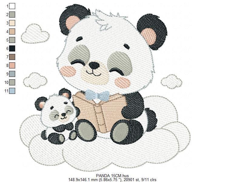 Panda reading embroidery design - Animal with cub machine embroidery pattern - Baby boy reading a book file - Instant download pes jef dst