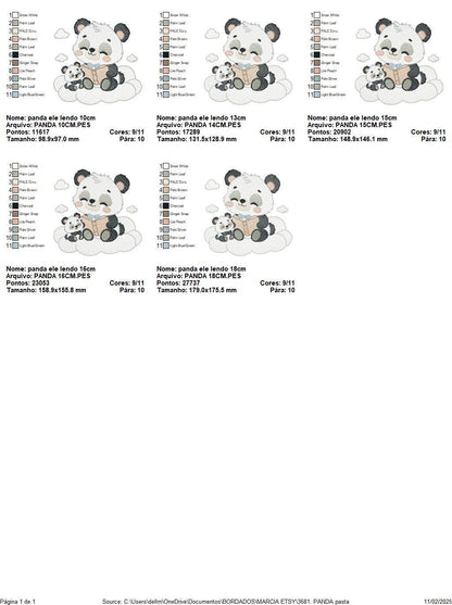 Panda reading embroidery design - Animal with cub machine embroidery pattern - Baby boy reading a book file - Instant download pes jef dst