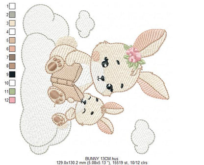Bunny mother with baby girl embroidery design - Female Rabbit reading a book machine embroidery pattern - Instant download pes jef dst hus