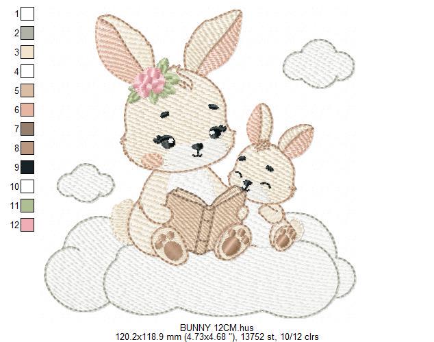 Bunny mother with baby girl embroidery design - Female Rabbit reading a book machine embroidery pattern - Instant download pes jef dst hus