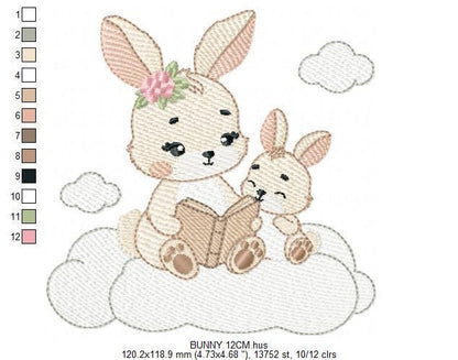 Bunny mother with baby girl embroidery design - Female Rabbit reading a book machine embroidery pattern - Instant download pes jef dst hus