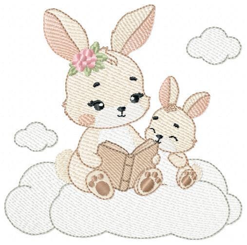 Bunny mother with baby girl embroidery design - Female Rabbit reading a book machine embroidery pattern - Instant download pes jef dst hus