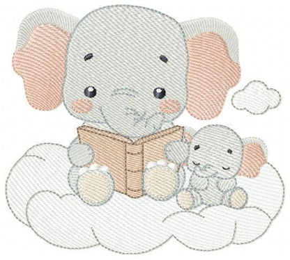 Elephant reading embroidery designs - Animal with cub machine embroidery pattern - Baby Boy reading a book file - Instant download pes jef