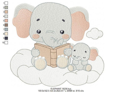 Elephant reading embroidery designs - Animal with cub machine embroidery pattern - Baby Boy reading a book file - Instant download pes jef