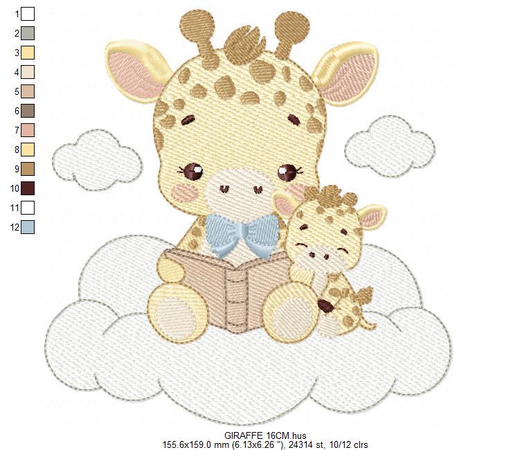 Reading Giraffe embroidery design - Safari Wild Animal with cub machine embroidery pattern - Baby Boy reading a book - Instant download pes