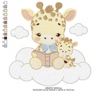 Reading Giraffe embroidery design - Safari Wild Animal with cub machine embroidery pattern - Baby Boy reading a book - Instant download pes