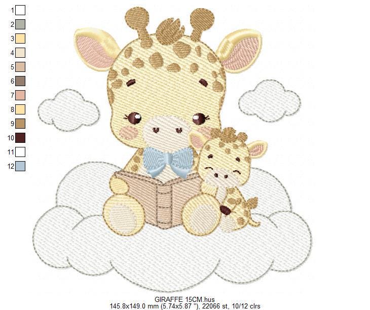 Reading Giraffe embroidery design - Safari Wild Animal with cub machine embroidery pattern - Baby Boy reading a book - Instant download pes
