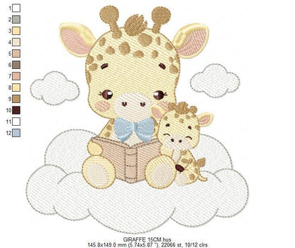 Reading Giraffe embroidery design - Safari Wild Animal with cub machine embroidery pattern - Baby Boy reading a book - Instant download pes