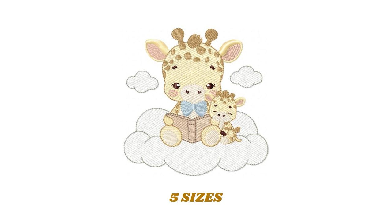 Reading Giraffe embroidery design - Safari Wild Animal with cub machine embroidery pattern - Baby Boy reading a book - Instant download pes