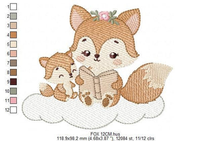 Red Fox mum with baby girl embroidery designs - Woodland animals reading a book machine embroidery pattern - Instant download pes jef dst