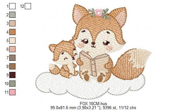Red Fox mum with baby girl embroidery designs - Woodland animals reading a book machine embroidery pattern - Instant download pes jef dst