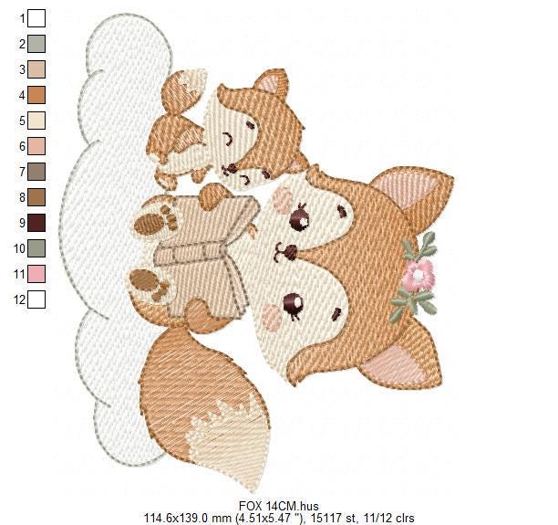 Red Fox mum with baby girl embroidery designs - Woodland animals reading a book machine embroidery pattern - Instant download pes jef dst